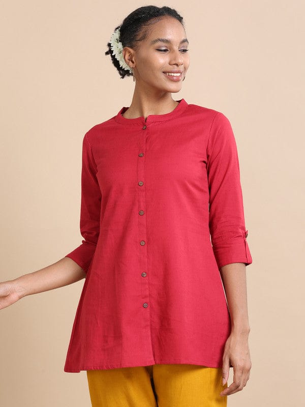 Maroon 3/4th sleeves Cotton Solid  Regular fit Hip length Kurta