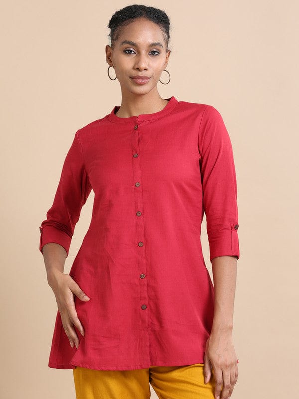 Maroon 3/4th sleeves Cotton Solid  Regular fit Hip length Kurta