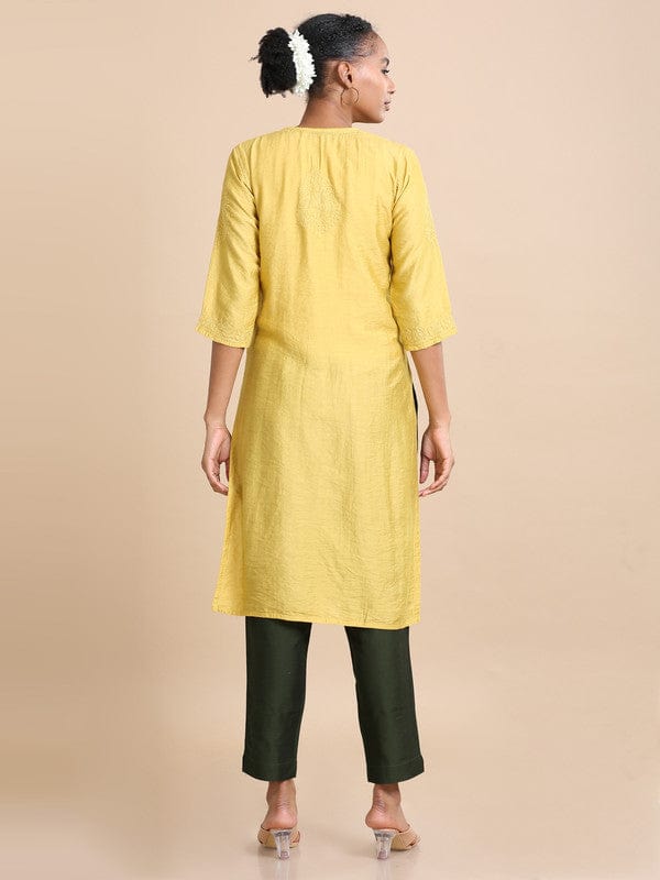 Beige 3/4th sleeves Chanderi Chikankari Regular fit Calf length Kurta