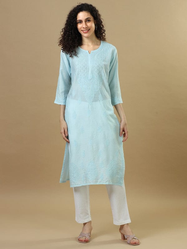 Blue Powder Full Sleeves Chanderi Chikankari Regular Fit Calf Length Kurta