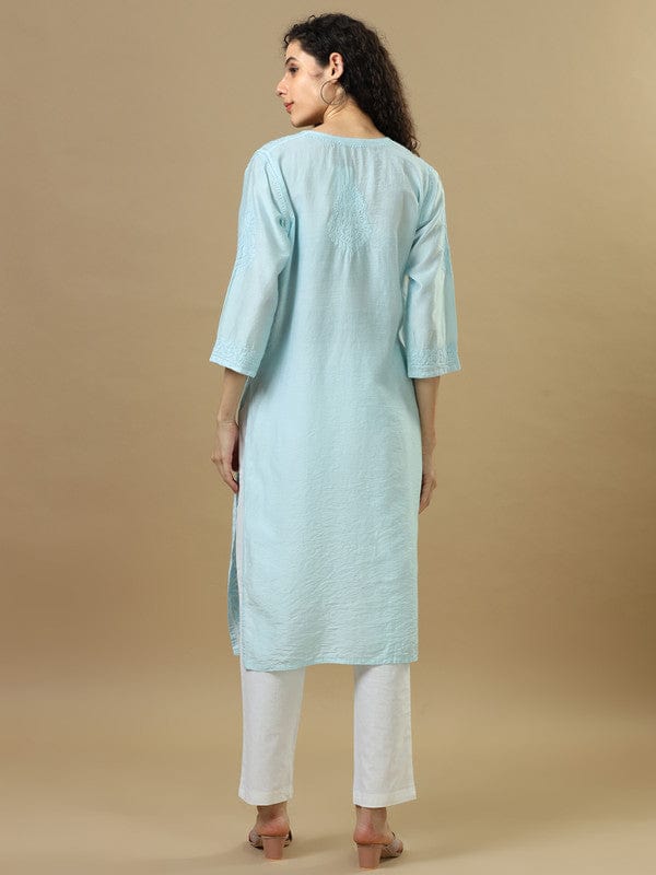 Blue Powder Full Sleeves Chanderi Chikankari Regular Fit Calf Length Kurta