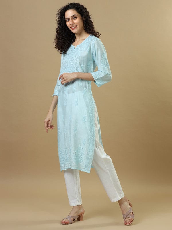 Blue Powder Full Sleeves Chanderi Chikankari Regular Fit Calf Length Kurta