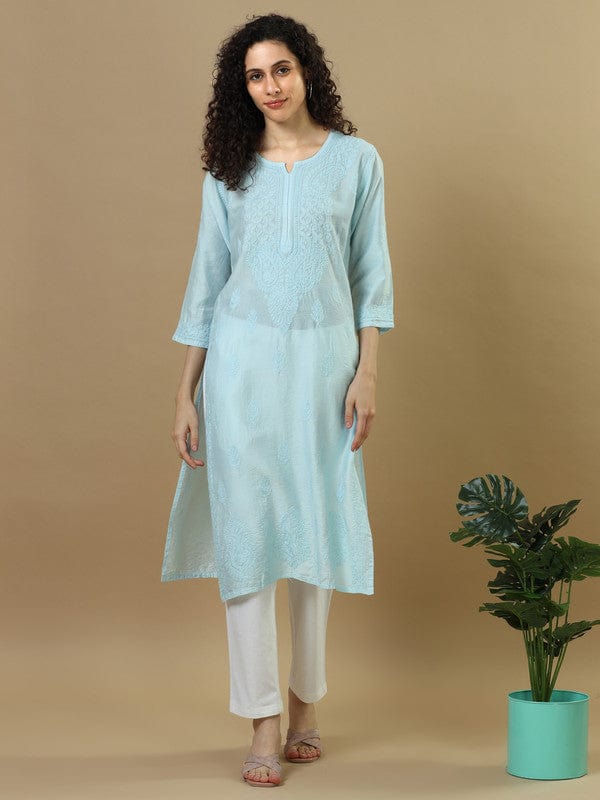 Blue Powder Full Sleeves Chanderi Chikankari Regular Fit Calf Length Kurta