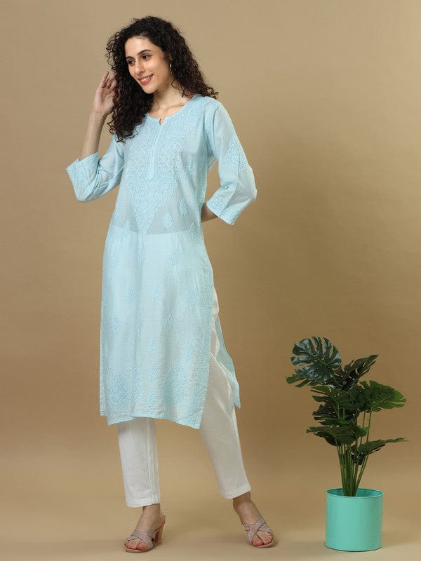 Blue Powder Full Sleeves Chanderi Chikankari Regular Fit Calf Length Kurta