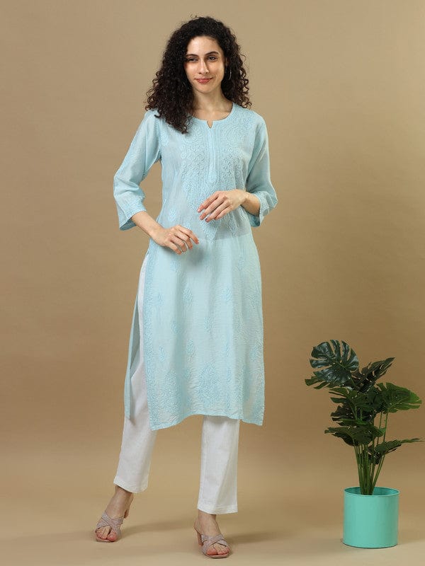 Blue Powder Full Sleeves Chanderi Chikankari Regular Fit Calf Length Kurta