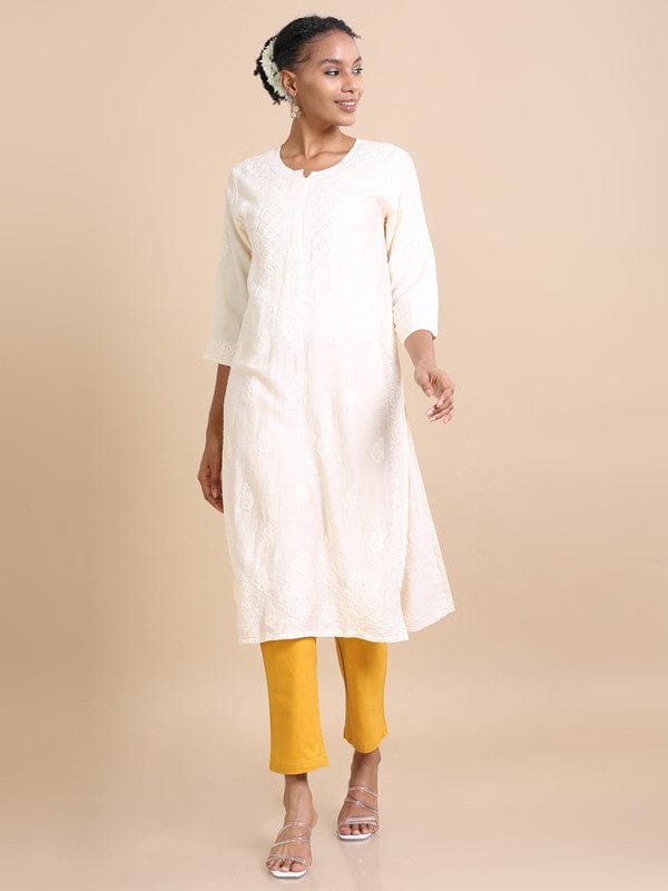 Cream 3/4th sleeves Chanderi Chikankari Regular fit Calf length Kurta