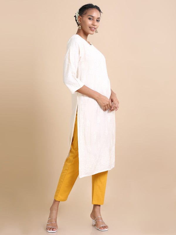 Cream 3/4th sleeves Chanderi Chikankari Regular fit Calf length Kurta