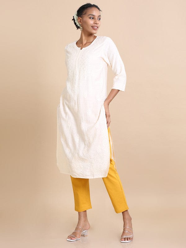 Cream 3/4th sleeves Chanderi Chikankari Regular fit Calf length Kurta