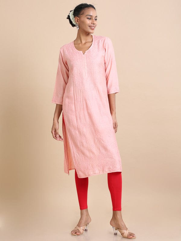 Light pink 3/4th sleeves Chanderi Chikankari Regular fit Calf length Kurta