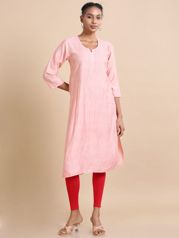 Light pink 3/4th sleeves Chanderi Chikankari Regular fit Calf length Kurta