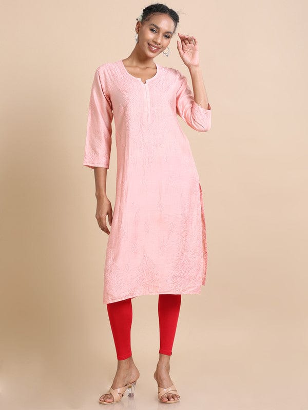 Light pink 3/4th sleeves Chanderi Chikankari Regular fit Calf length Kurta