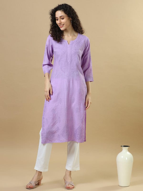 Purple 3/4th Sleeves Chanderi Chikankari Regular fit Calf length Kurta