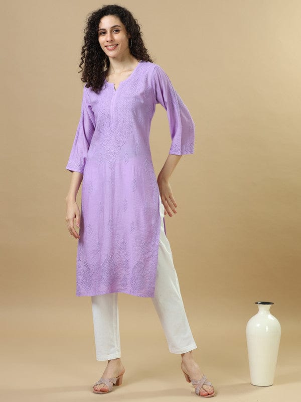 Purple 3/4th Sleeves Chanderi Chikankari Regular fit Calf length Kurta