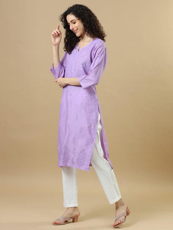 Purple 3/4th Sleeves Chanderi Chikankari Regular fit Calf length Kurta