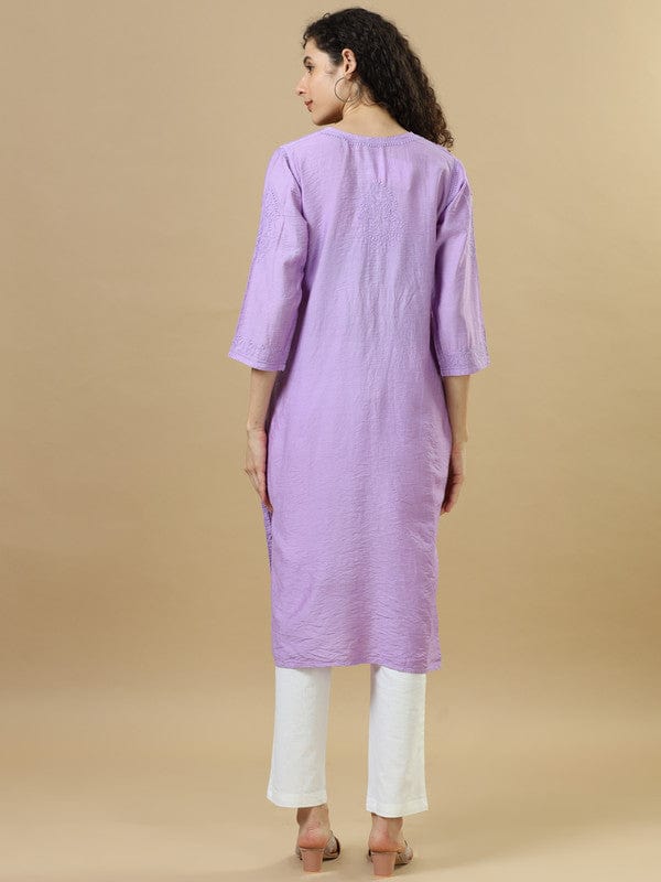 Purple 3/4th Sleeves Chanderi Chikankari Regular fit Calf length Kurta