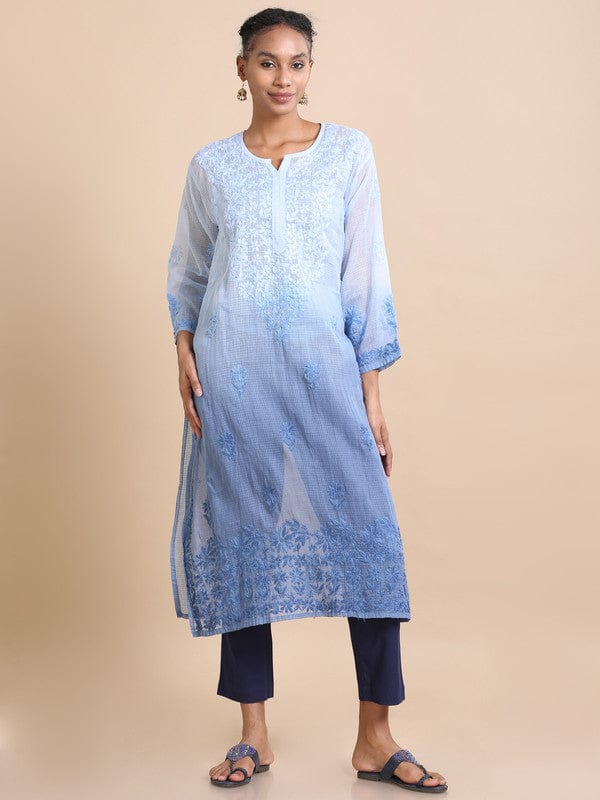 Blue 3/4th sleeves Kota Chikankari Loose fit Calf length Kurta