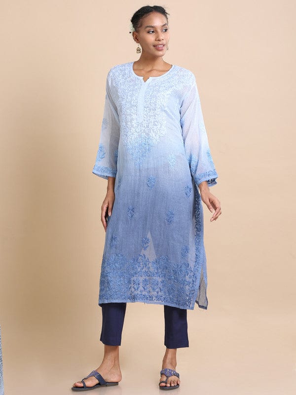 Blue 3/4th sleeves Kota Chikankari Loose fit Calf length Kurta