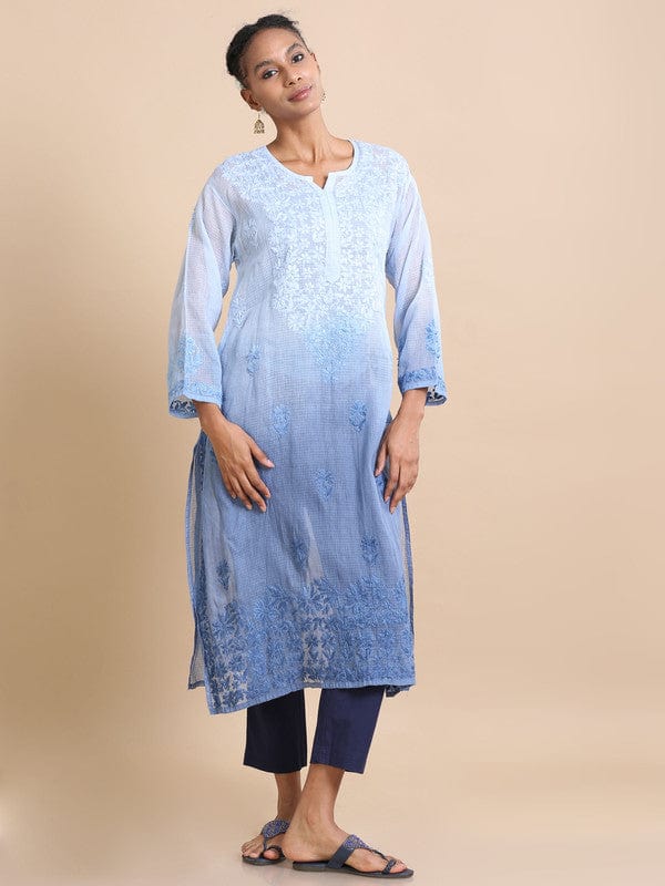 Blue 3/4th sleeves Kota Chikankari Loose fit Calf length Kurta