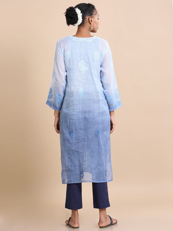 Blue 3/4th sleeves Kota Chikankari Loose fit Calf length Kurta