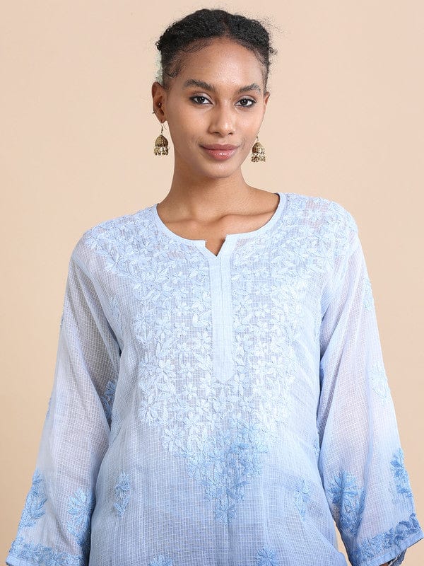 Blue 3/4th sleeves Kota Chikankari Loose fit Calf length Kurta