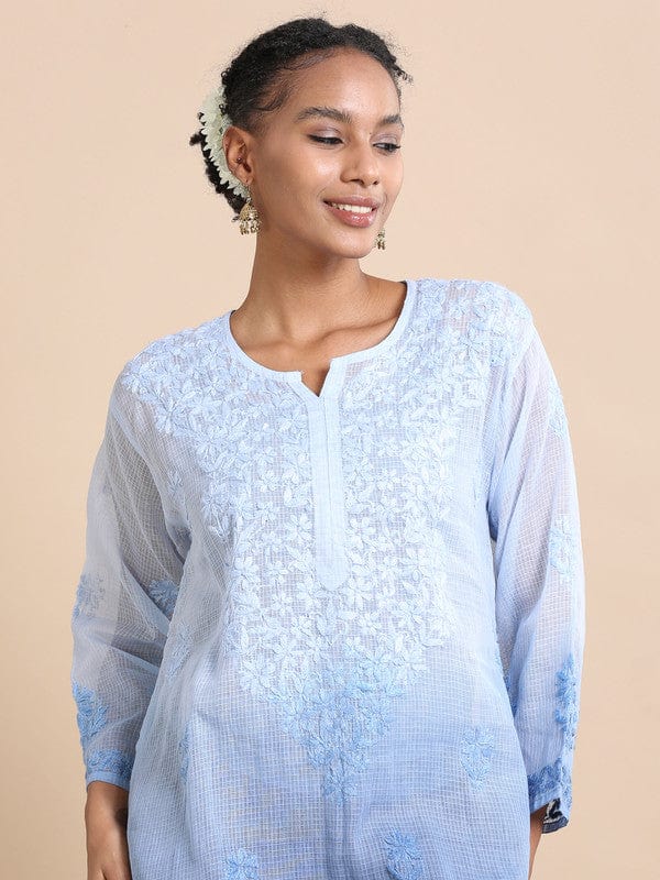 Blue 3/4th sleeves Kota Chikankari Loose fit Calf length Kurta