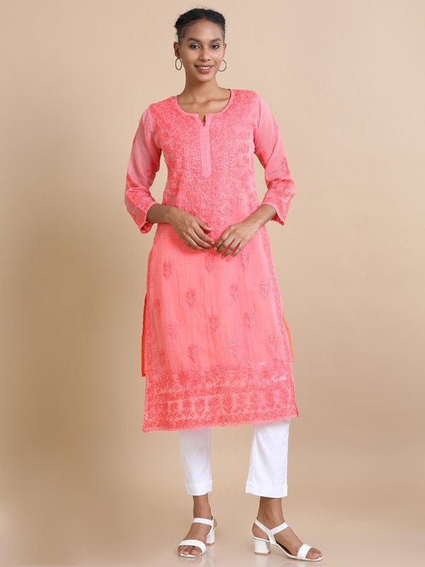 Dark Pink 3/4th sleeves Kota Chikankari Loose fit Calf length Kurta