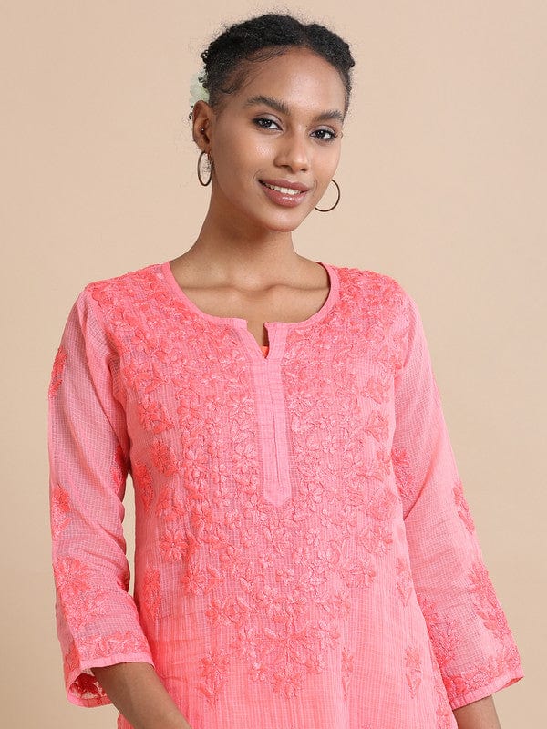 Dark Pink 3/4th sleeves Kota Chikankari Loose fit Calf length Kurta