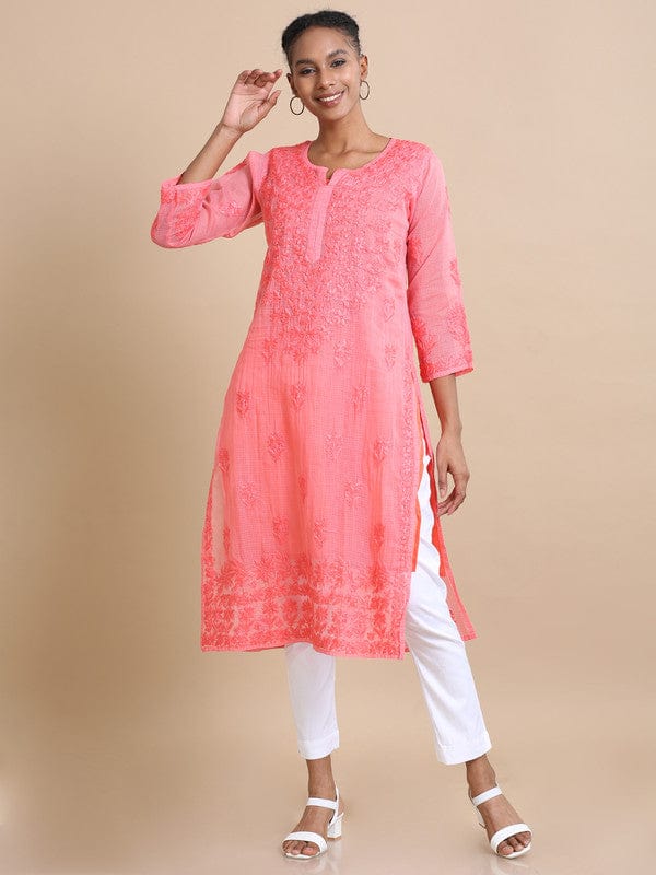 Dark Pink 3/4th sleeves Kota Chikankari Loose fit Calf length Kurta