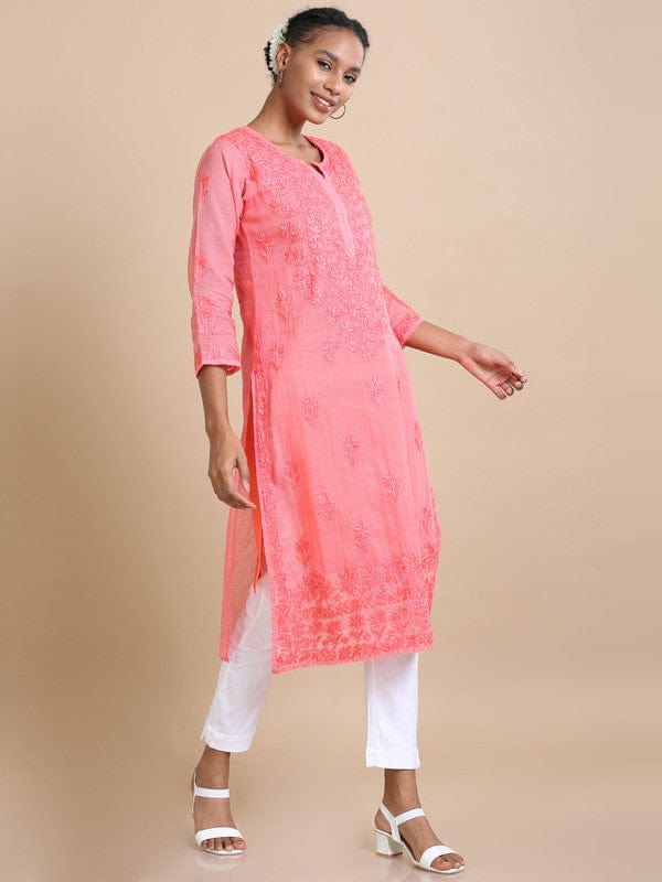 Dark Pink 3/4th sleeves Kota Chikankari Loose fit Calf length Kurta