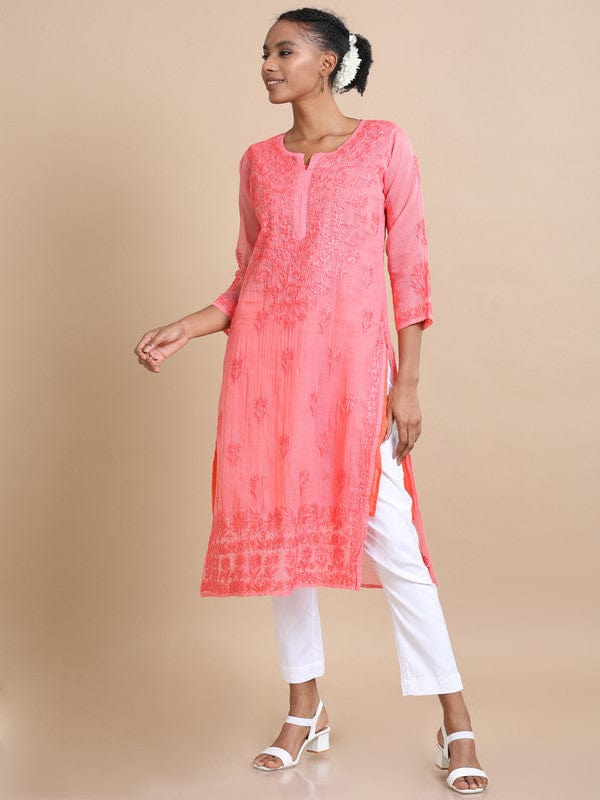 Dark Pink 3/4th sleeves Kota Chikankari Loose fit Calf length Kurta