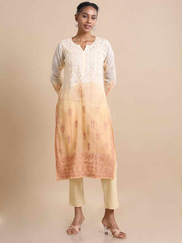 Golden yellow 3/4th sleeves Kota Chikankari Loose fit Calf length Kurta