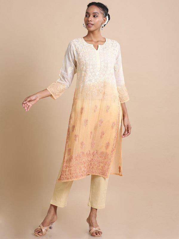 Golden yellow 3/4th sleeves Kota Chikankari Loose fit Calf length Kurta