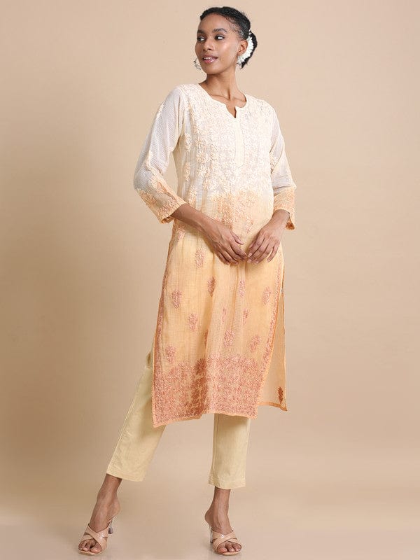 Golden yellow 3/4th sleeves Kota Chikankari Loose fit Calf length Kurta