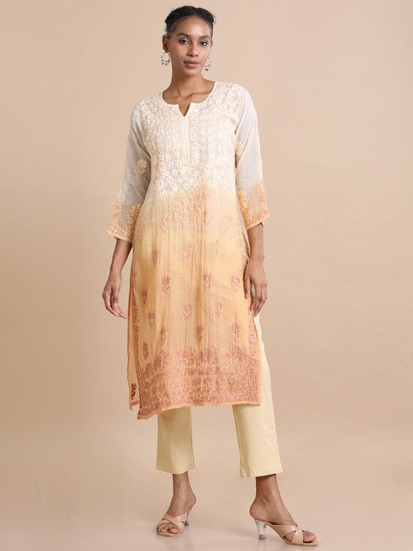 Golden yellow 3/4th sleeves Kota Chikankari Loose fit Calf length Kurta