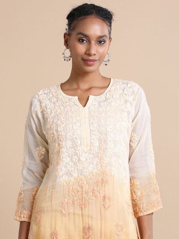 Golden yellow 3/4th sleeves Kota Chikankari Loose fit Calf length Kurta