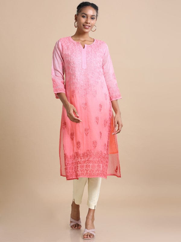 Light Pink 3/4th sleeves Kota Chikankari Loose fit Calf length Kurta