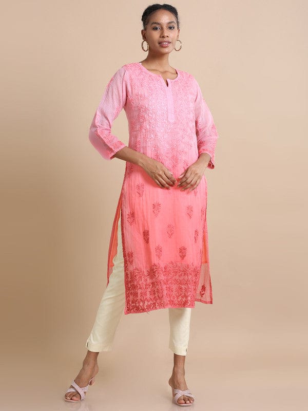 Light Pink 3/4th sleeves Kota Chikankari Loose fit Calf length Kurta