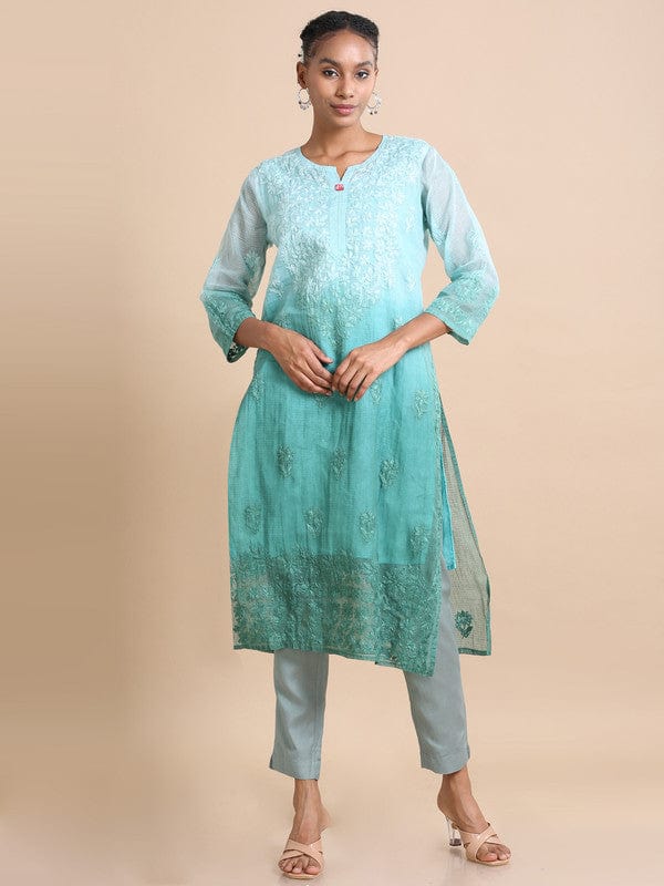 Mud green 3/4th sleeves Kota Chikankari Loose fit Calf length Kurta