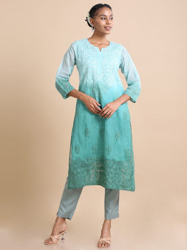 Mud green 3/4th sleeves Kota Chikankari Loose fit Calf length Kurta