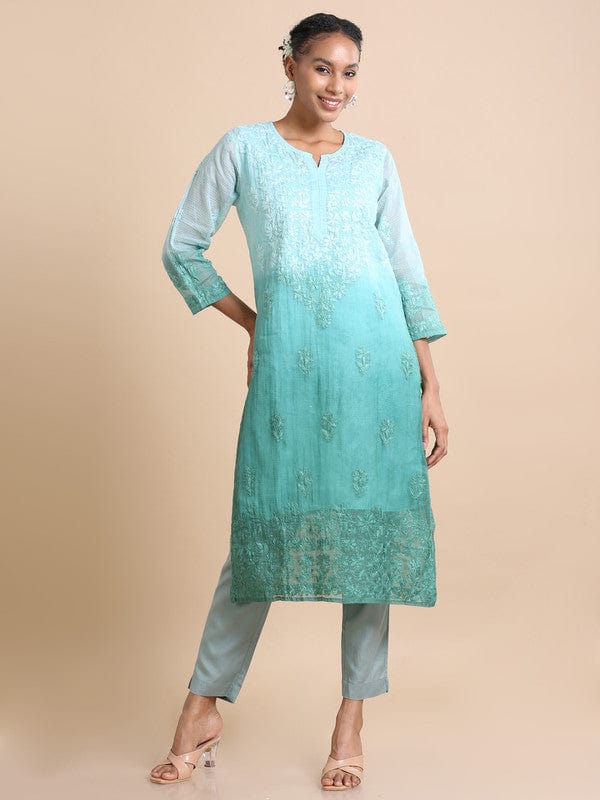 Mud green 3/4th sleeves Kota Chikankari Loose fit Calf length Kurta