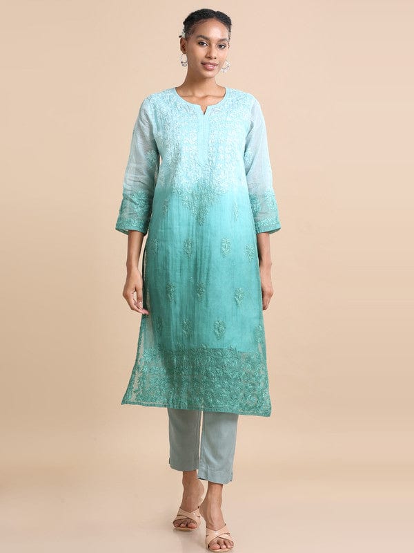 Mud green 3/4th sleeves Kota Chikankari Loose fit Calf length Kurta