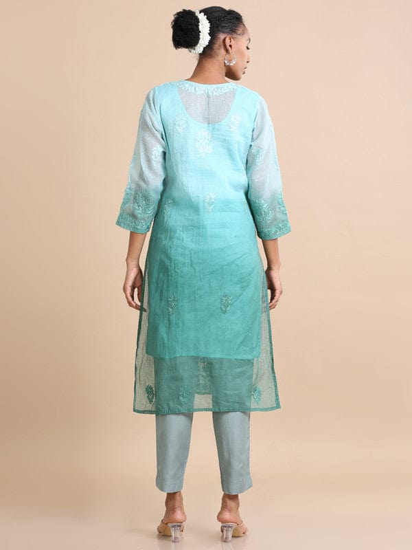 Mud green 3/4th sleeves Kota Chikankari Loose fit Calf length Kurta