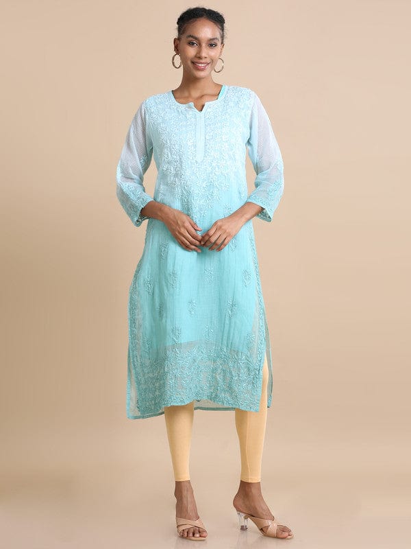 Sea green 3/4th sleeves Kota Chikankari Loose fit Calf length Kurta