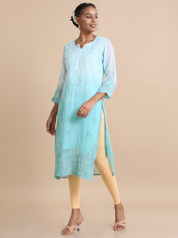 Sea green 3/4th sleeves Kota Chikankari Loose fit Calf length Kurta