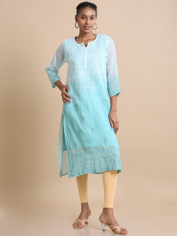 Sea green 3/4th sleeves Kota Chikankari Loose fit Calf length Kurta