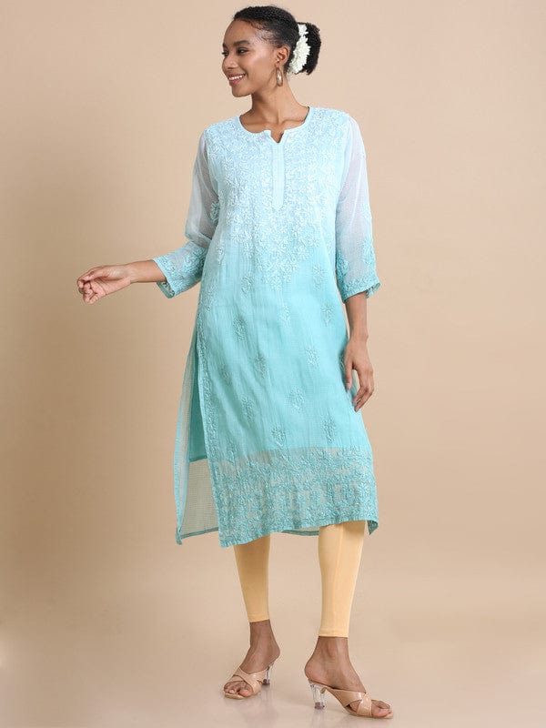 Sea green 3/4th sleeves Kota Chikankari Loose fit Calf length Kurta