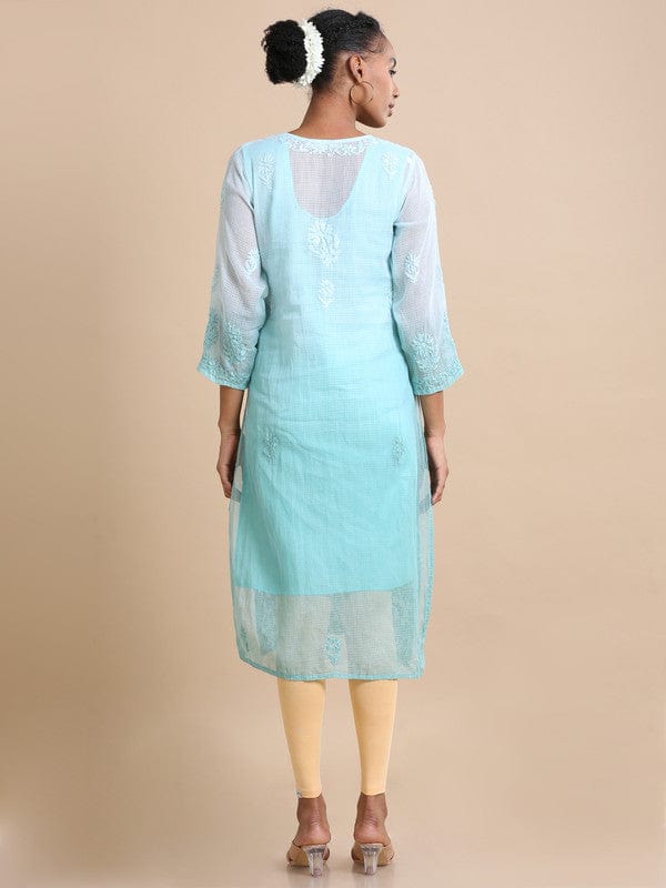 Sea green 3/4th sleeves Kota Chikankari Loose fit Calf length Kurta