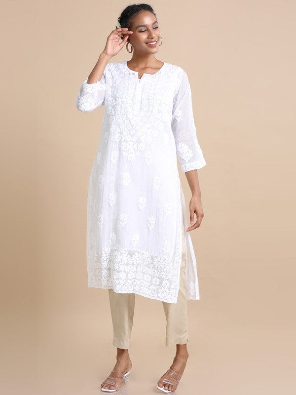 White 3/4th sleeves Kota Chikankari Loose fit Calf length Kurta