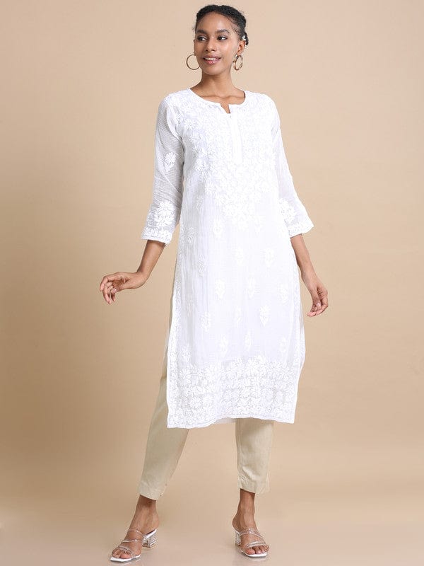 White 3/4th sleeves Kota Chikankari Loose fit Calf length Kurta