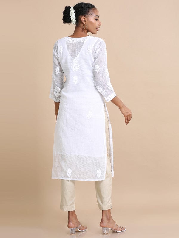 White 3/4th sleeves Kota Chikankari Loose fit Calf length Kurta